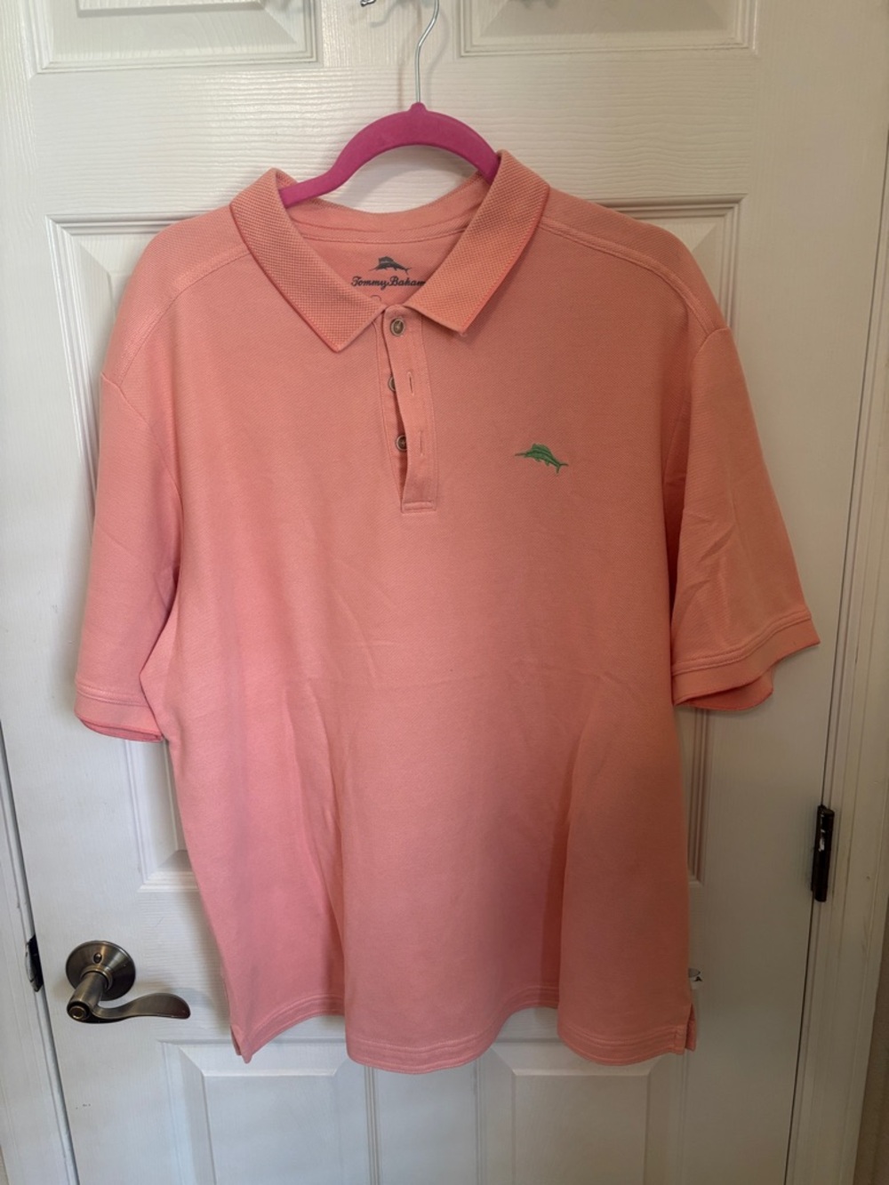 Tommy Bahama Men's Pink Coral Polo with Green Marlin Logo